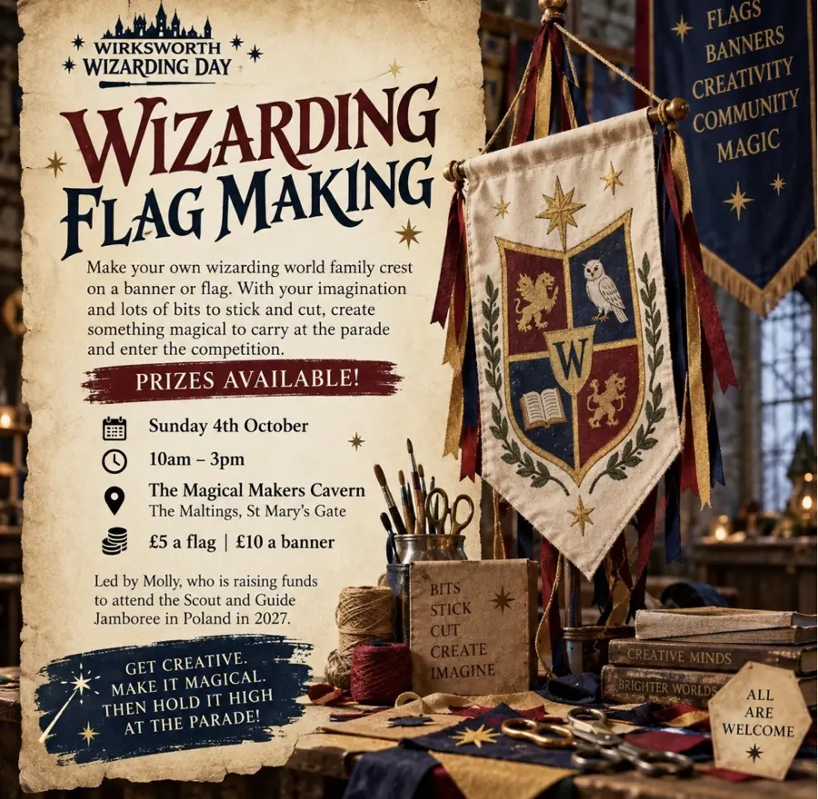 Poster for Wizarding Flag Making, showing a crest on a banner
