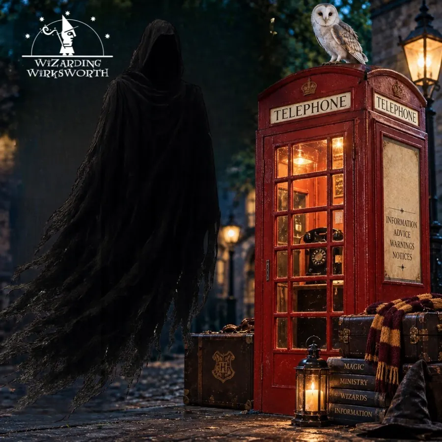 A red telephone box at night with a hooded figure beside it