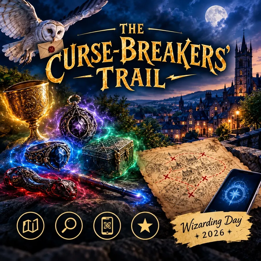 The Curse-Breaker’s Trail poster: a glowing map, a wand and a cursed locket